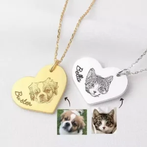 personlized heart pet portrait necklaces gold and silver