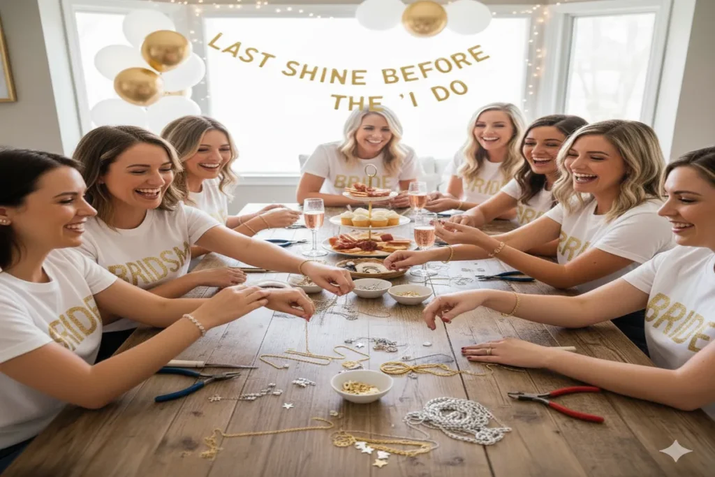 Permanent Jewelry Bachelorette Party: Group of bridesmaids and the bride smiling during a bachelorette party while getting matching permanent bracelets as a bridal gift experience.