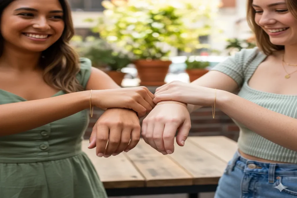 friends wearing matching permanent jewelry bracelets