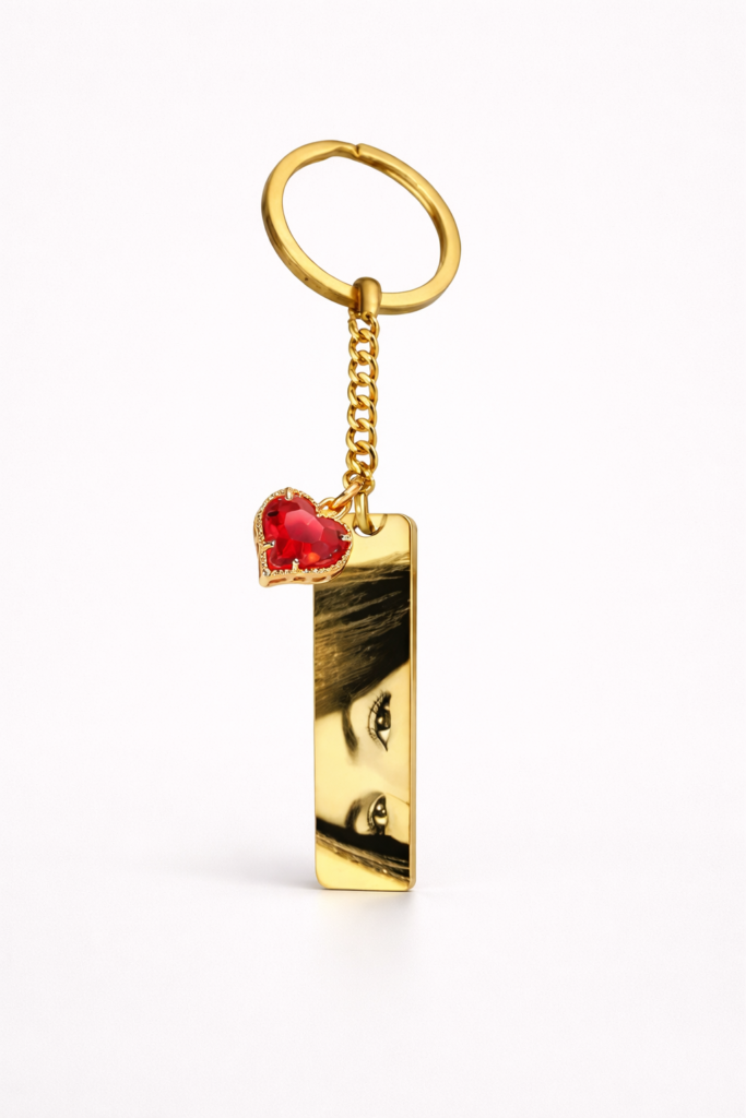 Custom engraved eye gold keychain with heart birthstone. Personalized meaningful gift for him