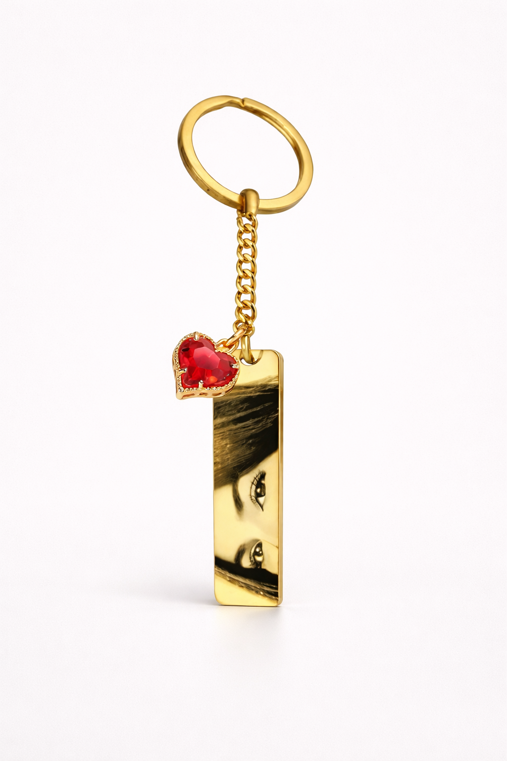 Custom engraved eye gold keychain with heart birthstone. Personalized meaningful gift for him