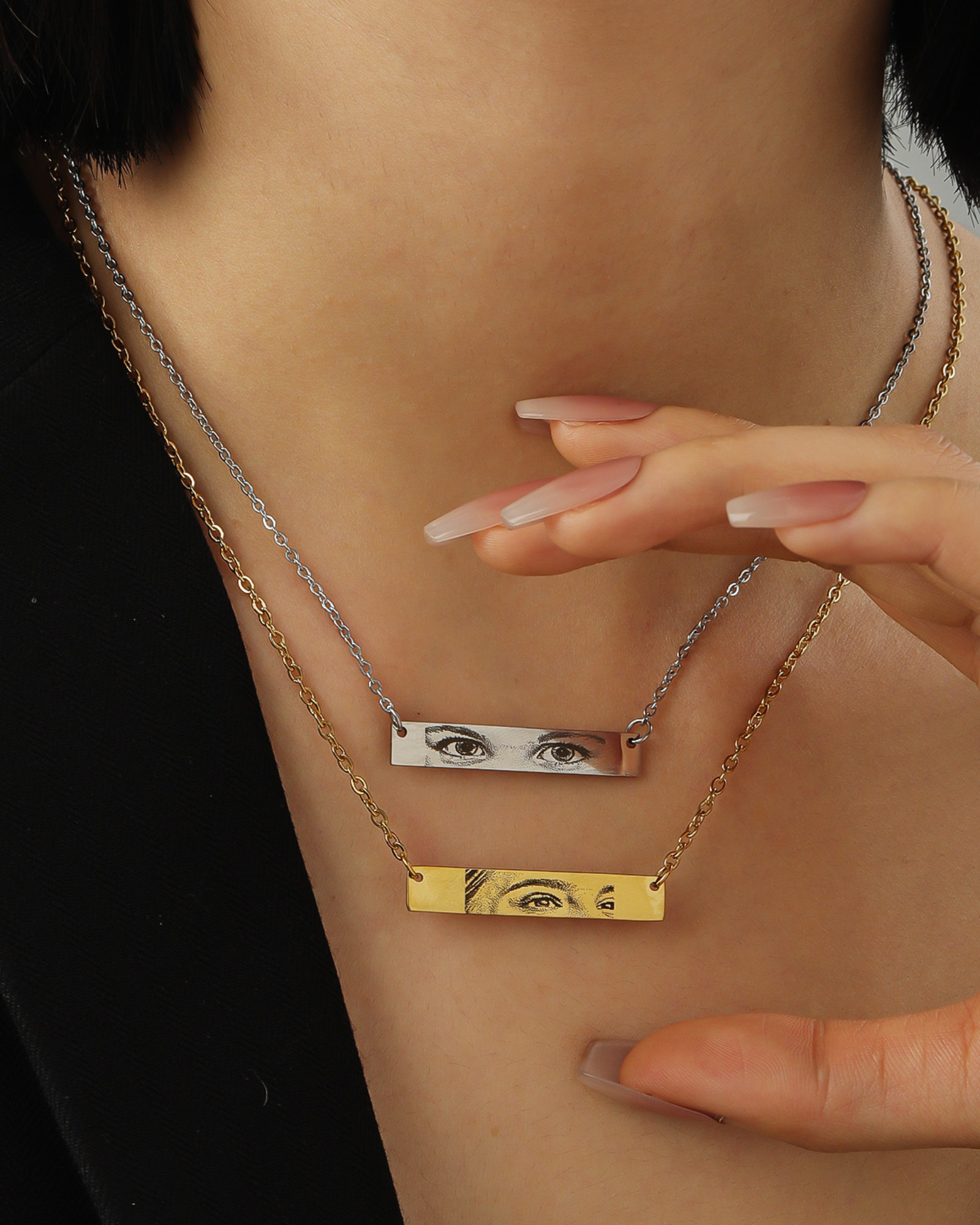 custom eye necklace on modal gold and silver color