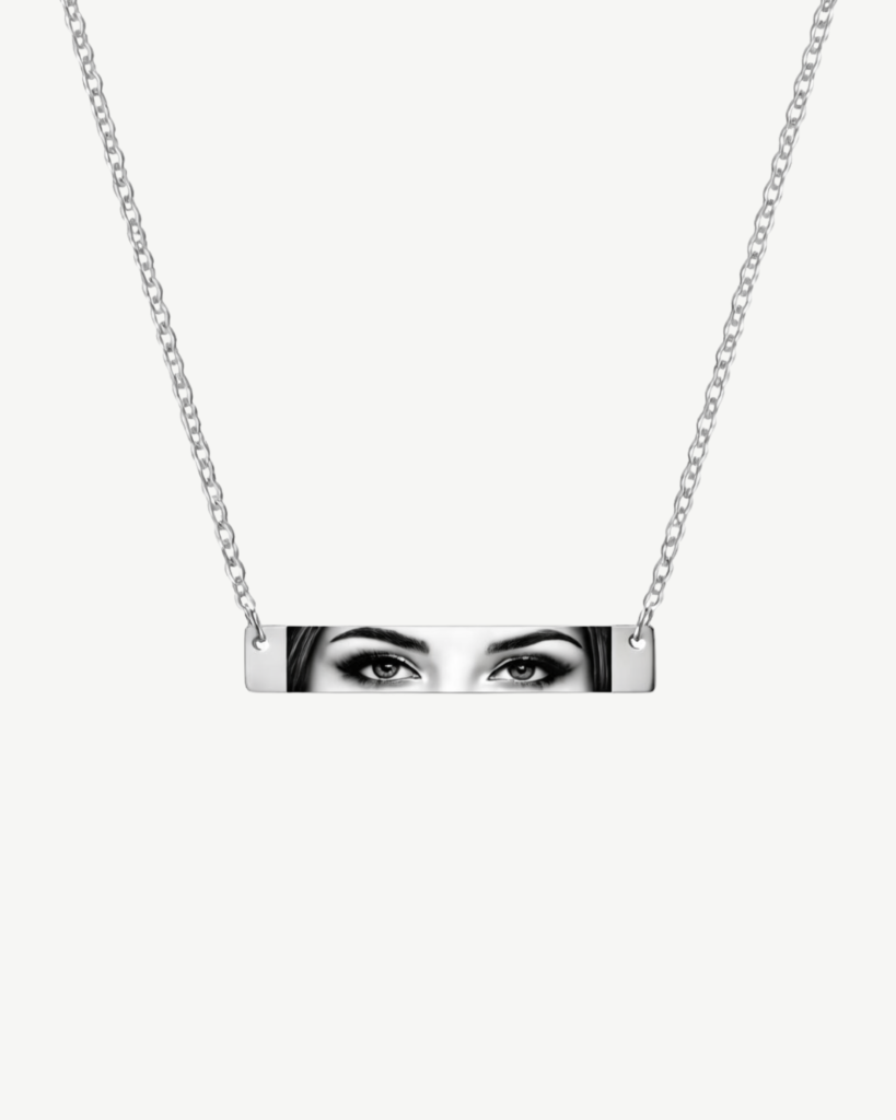 Custom Eyes Photo Necklace on Silver with engraved black and white from real photo