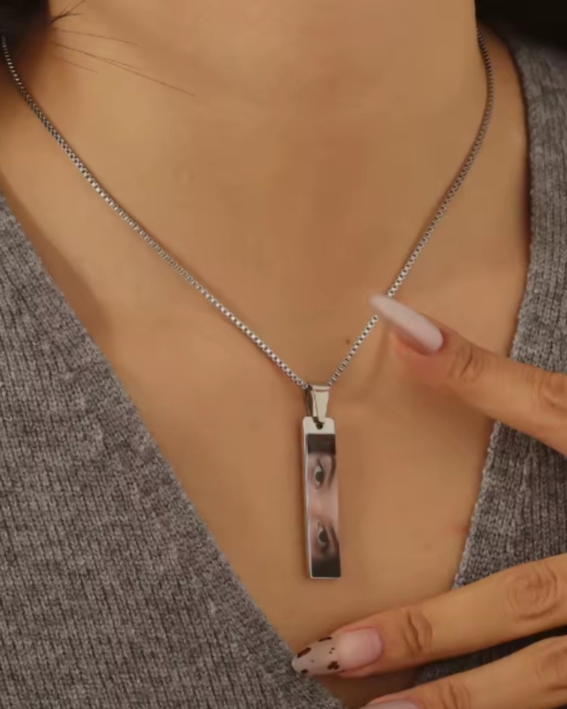 personalized color eye necklace silver variant on model