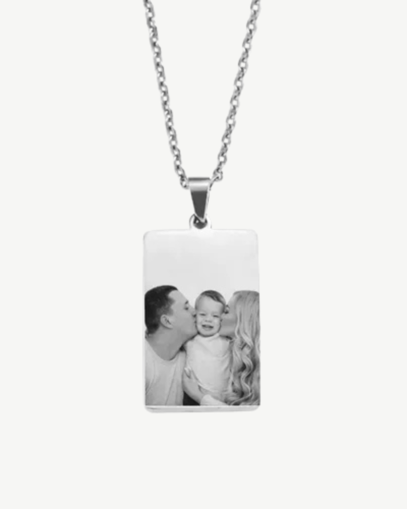 Custom Engraved Photo Necklace on Rectangle pendant silver chain