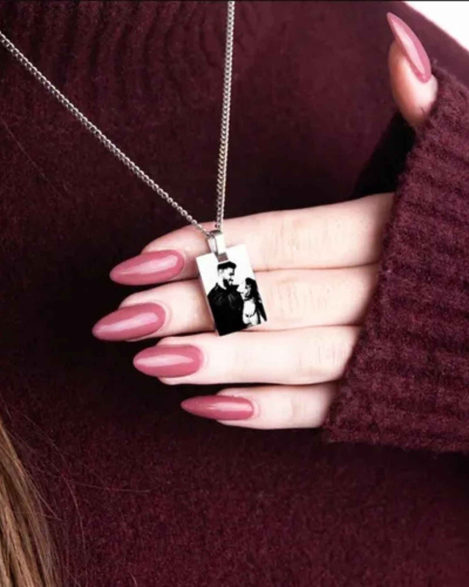 Custom photo necklace with engraved rectangular pendant, personalized keepsake jewelry
