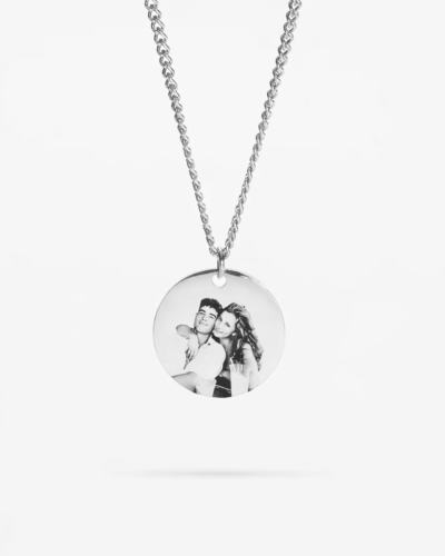 Silver custom photo necklace with detailed engraved image
