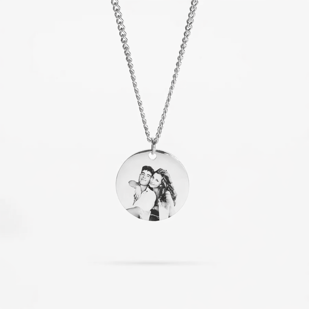 Silver custom photo necklace with detailed engraved image
