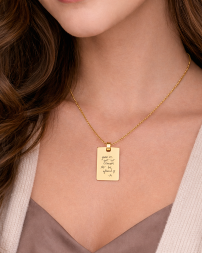 Custom Necklace Handwriting: A custom gold necklace with elegant handwriting engraving, creating a personalized and meaningful piece of jewelry.