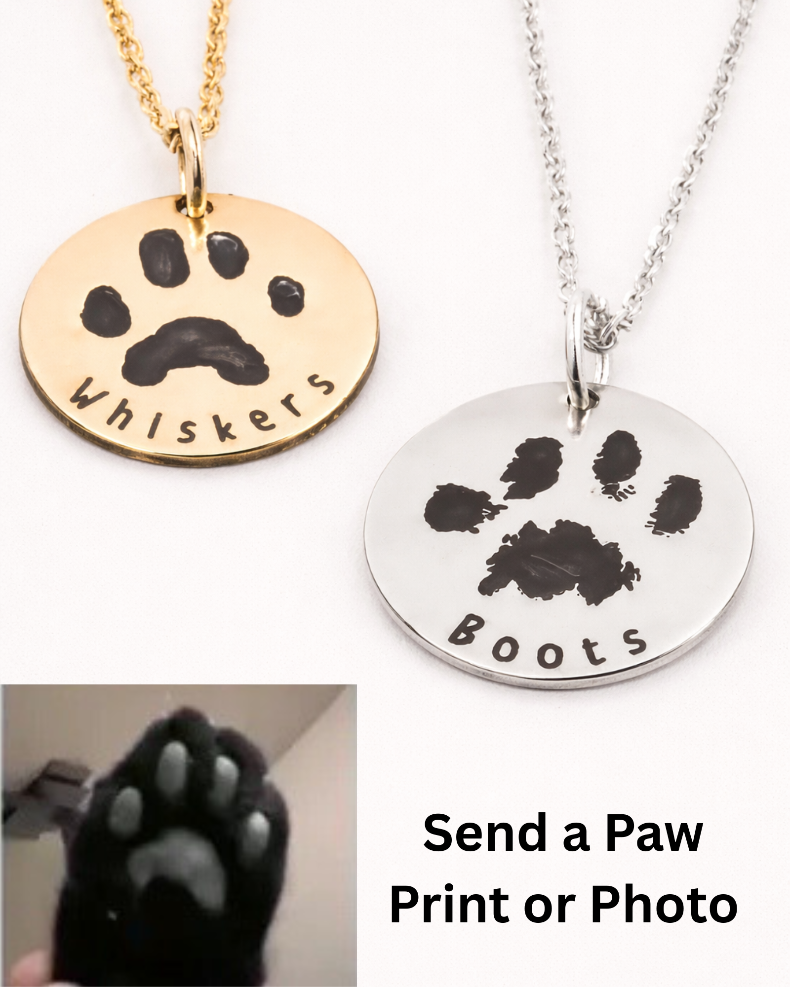 Stainless steel gold and silver paw print necklace with custom pet name engraving