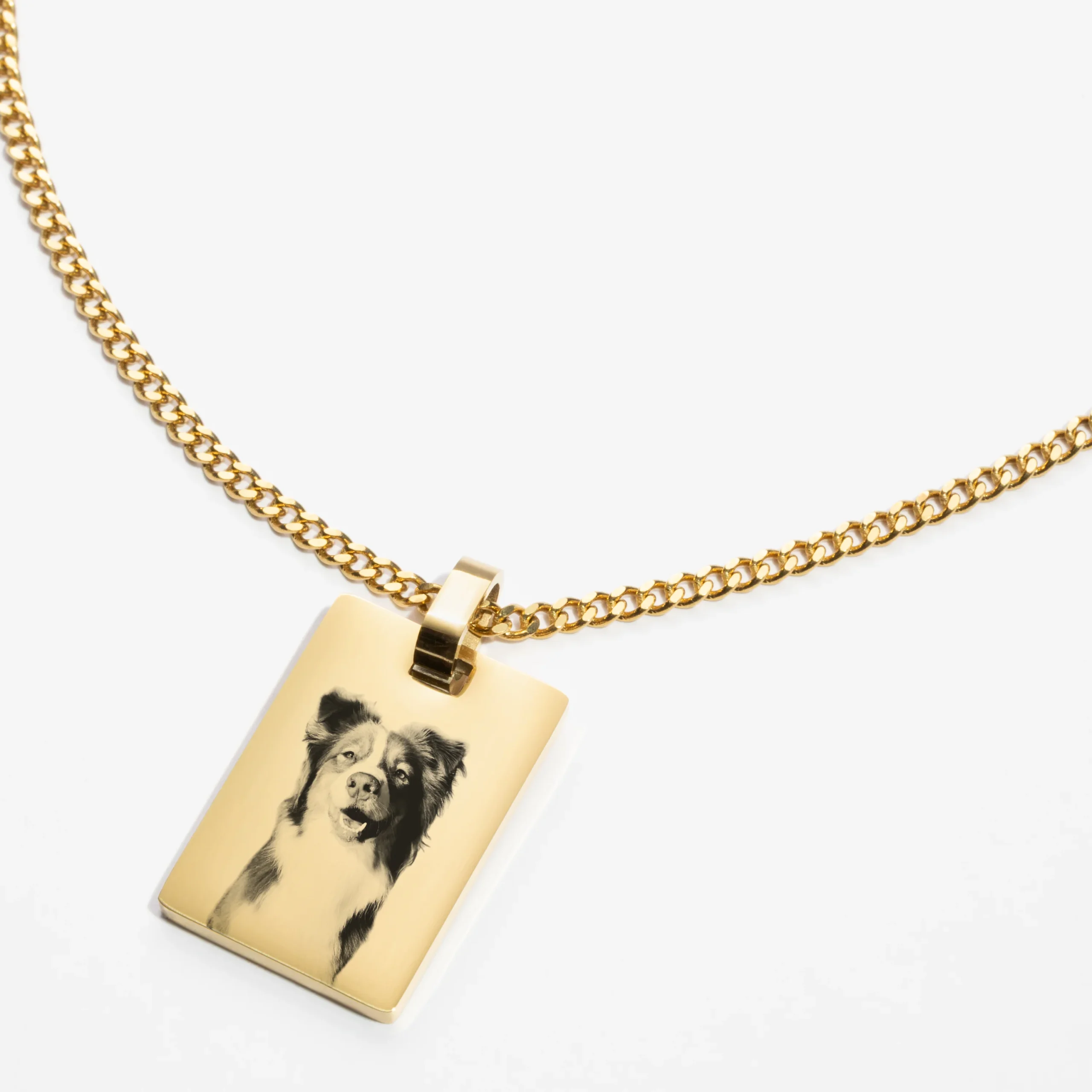 Close-up of a custom pet photo necklace, highlighting the intricate details and personalized pet image.