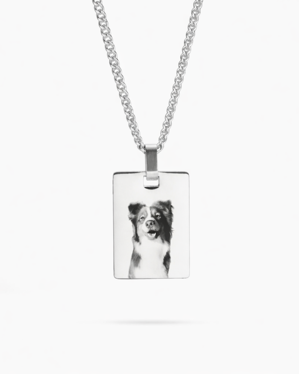 A personalized pet photo necklace in sterling silver, featuring a cherished image of your pet.