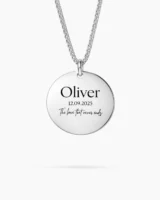 A personalized sterling silver necklace featuring custom text engraving, offering a sleek and elegant design.