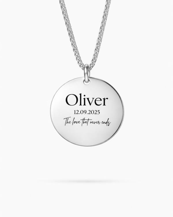 A personalized sterling silver necklace featuring custom text engraving, offering a sleek and elegant design.