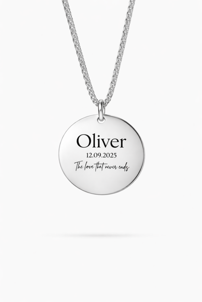A personalized sterling silver necklace featuring custom text engraving, offering a sleek and elegant design.
