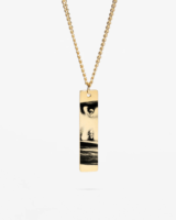 Gold Personalized Eye Photo Necklace with black and white engraved image on bar pendant