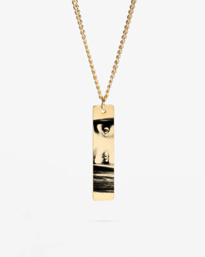 Gold Personalized Eye Photo Necklace with black and white engraved image on bar pendant