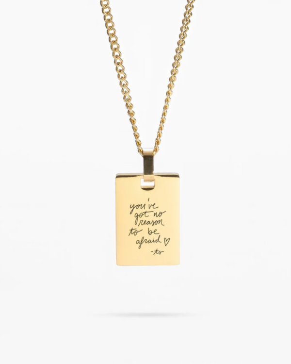 Custom Necklace Handwriting: A custom gold necklace with elegant handwriting engraving, creating a personalized and meaningful piece of jewelry.