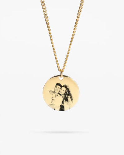 Gold custom photo necklace with engraved picture on round pendant