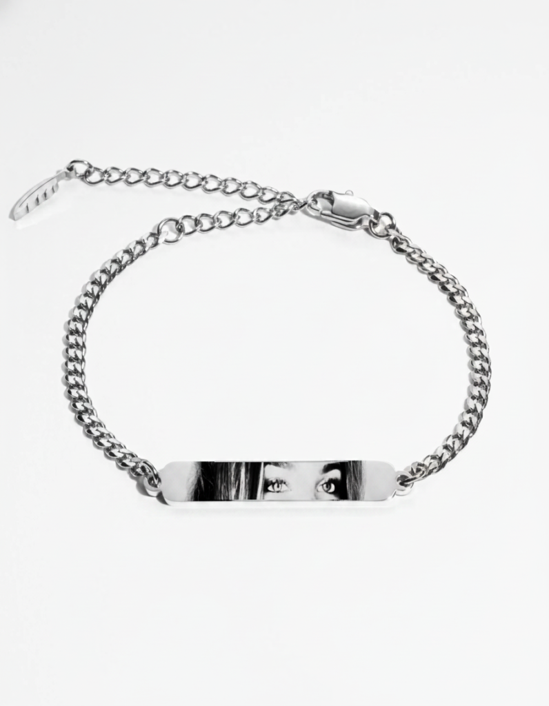 Silver personalized eye photo bracelet with detailed eye engraving