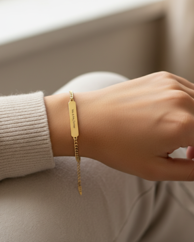 Gold custom message engraved bracelet with personalized text