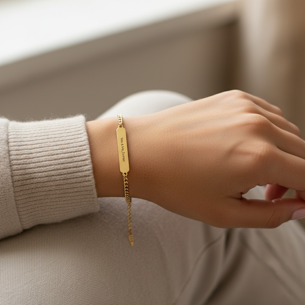 Model wearing a gold personalized engraved message bracelet on wrist