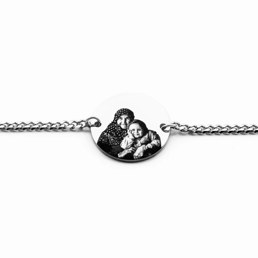 Silver engraved portrait bracelet for mom with detailed photo engraving