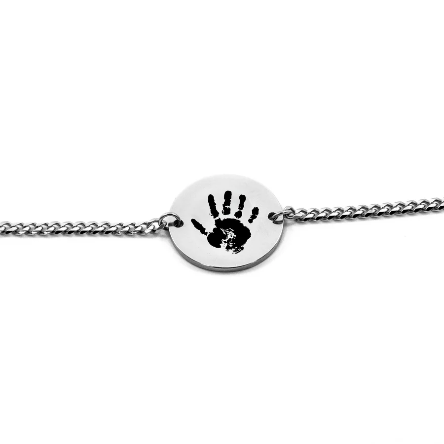 Silver custom baby handprint bracelet with detailed engraving