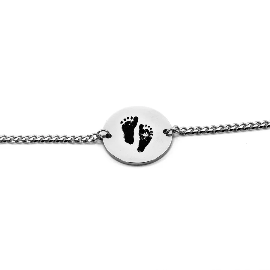 Silver custom baby footprint bracelet with detailed engraving