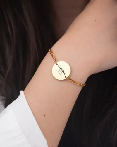 Gold custom engraved text bracelet with personalized message
