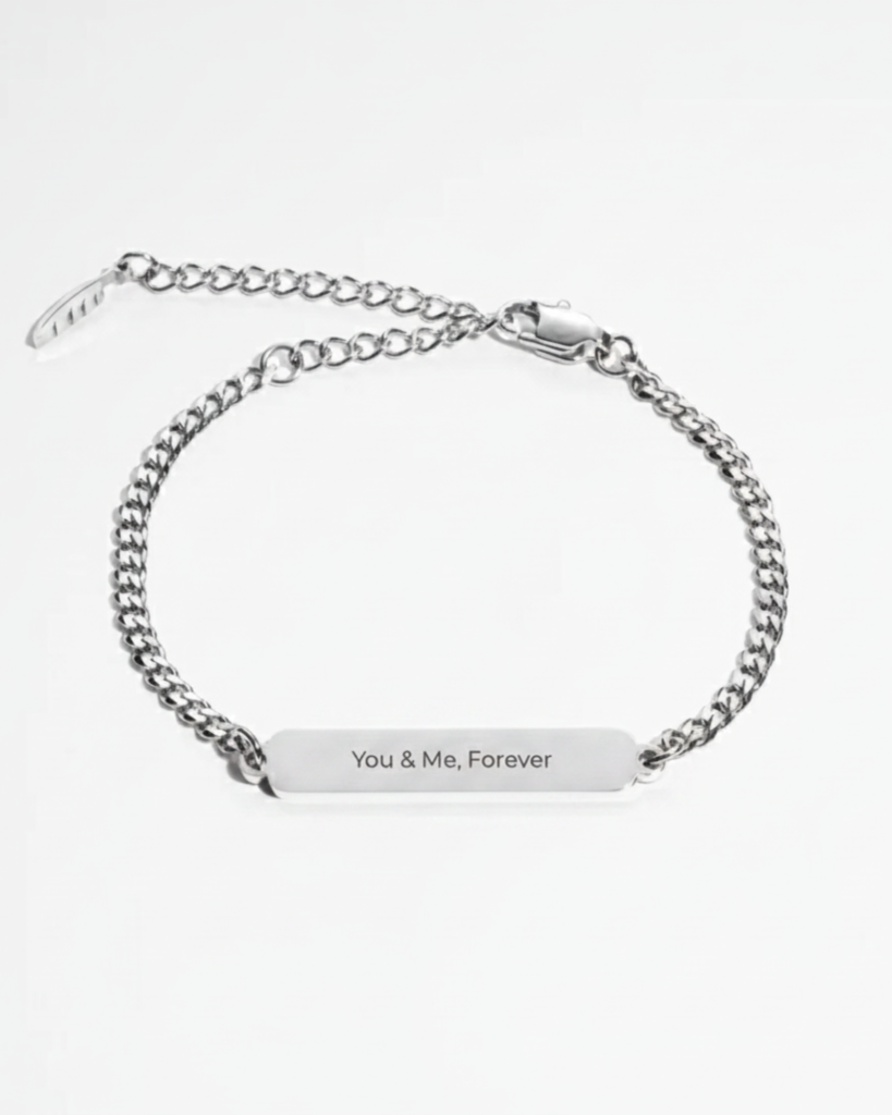 Silver custom engraved bracelet with detailed text engraving