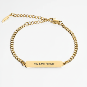 Gold custom message engraved bracelet with personalized text
