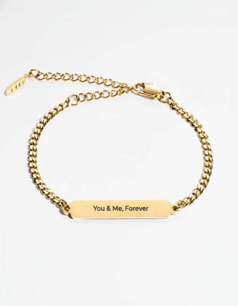 Gold custom message engraved bracelet with personalized text