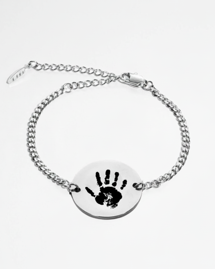 Silver custom baby handprint bracelet with detailed engraving