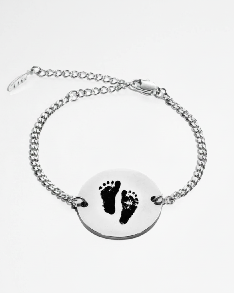 Silver custom baby footprint bracelet with detailed engraving