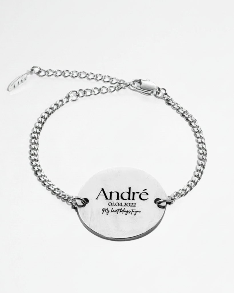 Silver custom engraved text bracelet with personalized message