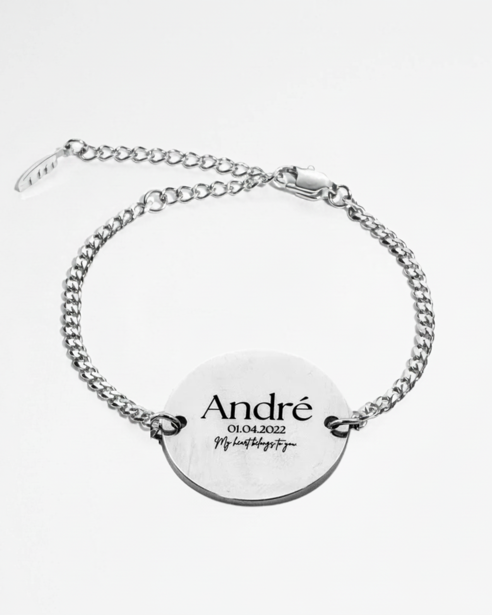 Silver custom engraved text bracelet with personalized message