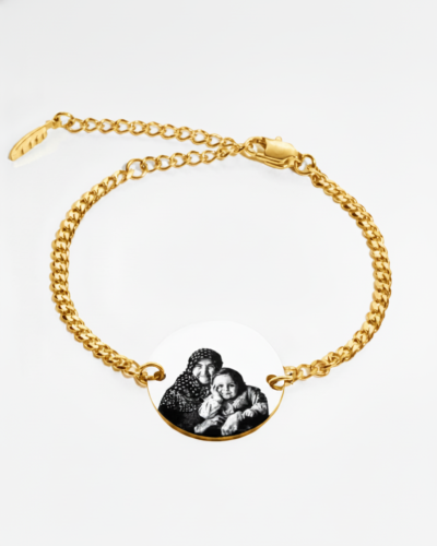 Gold engraved portrait bracelet for mom with custom photo pendant