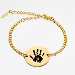 Gold custom baby handprint bracelet with engraved handprint