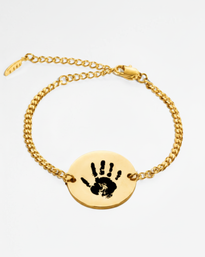 Gold custom baby handprint bracelet with engraved handprint