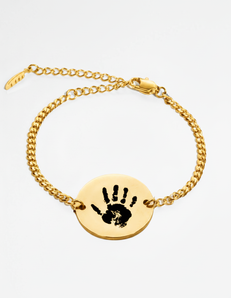 Gold custom baby handprint bracelet with engraved handprint