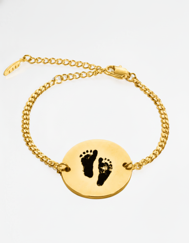 Gold custom baby footprint bracelet with engraved footprint