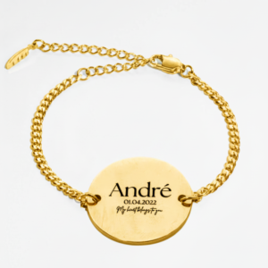 Gold custom engraved text bracelet with personalized message