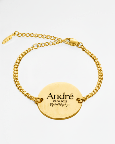 Gold custom engraved text bracelet with personalized message