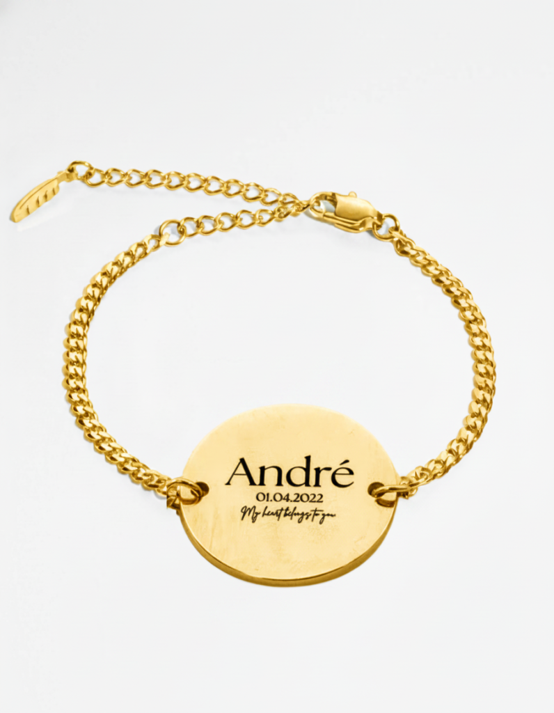 Gold custom engraved text bracelet with personalized message