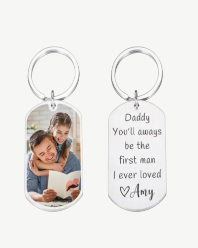 picture keychain with message: silver custom photo keychain with engraved message