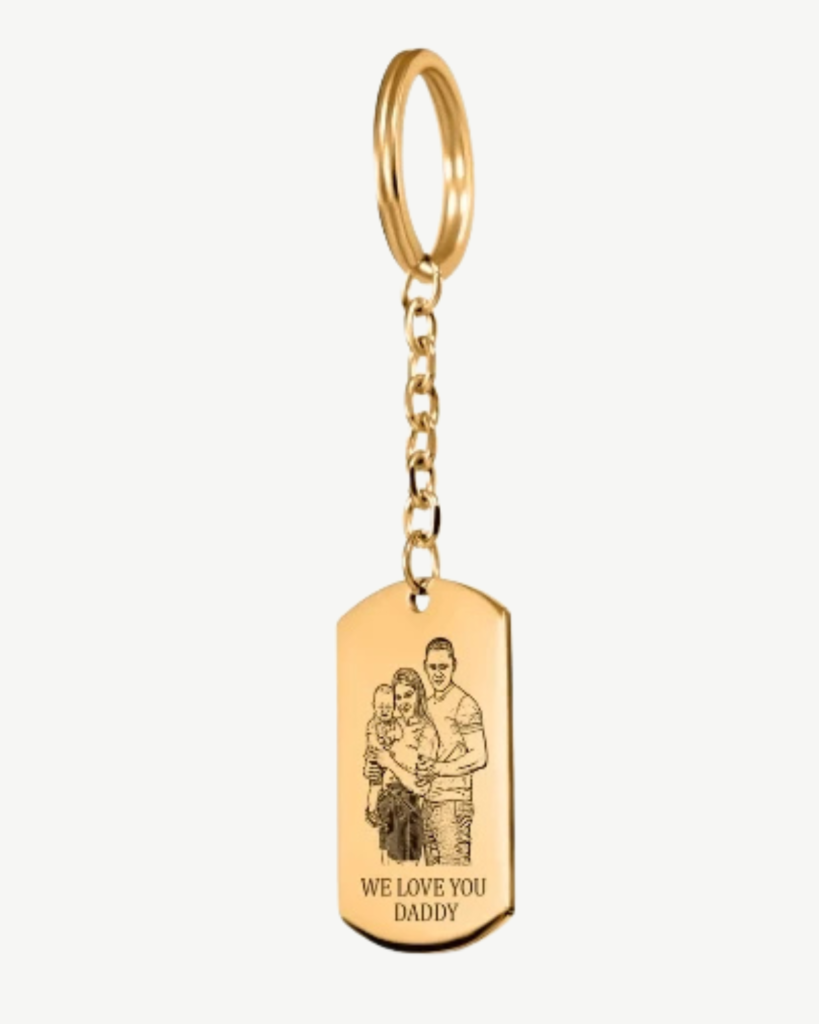Gold custom family portrait tag keychain with engraved photo