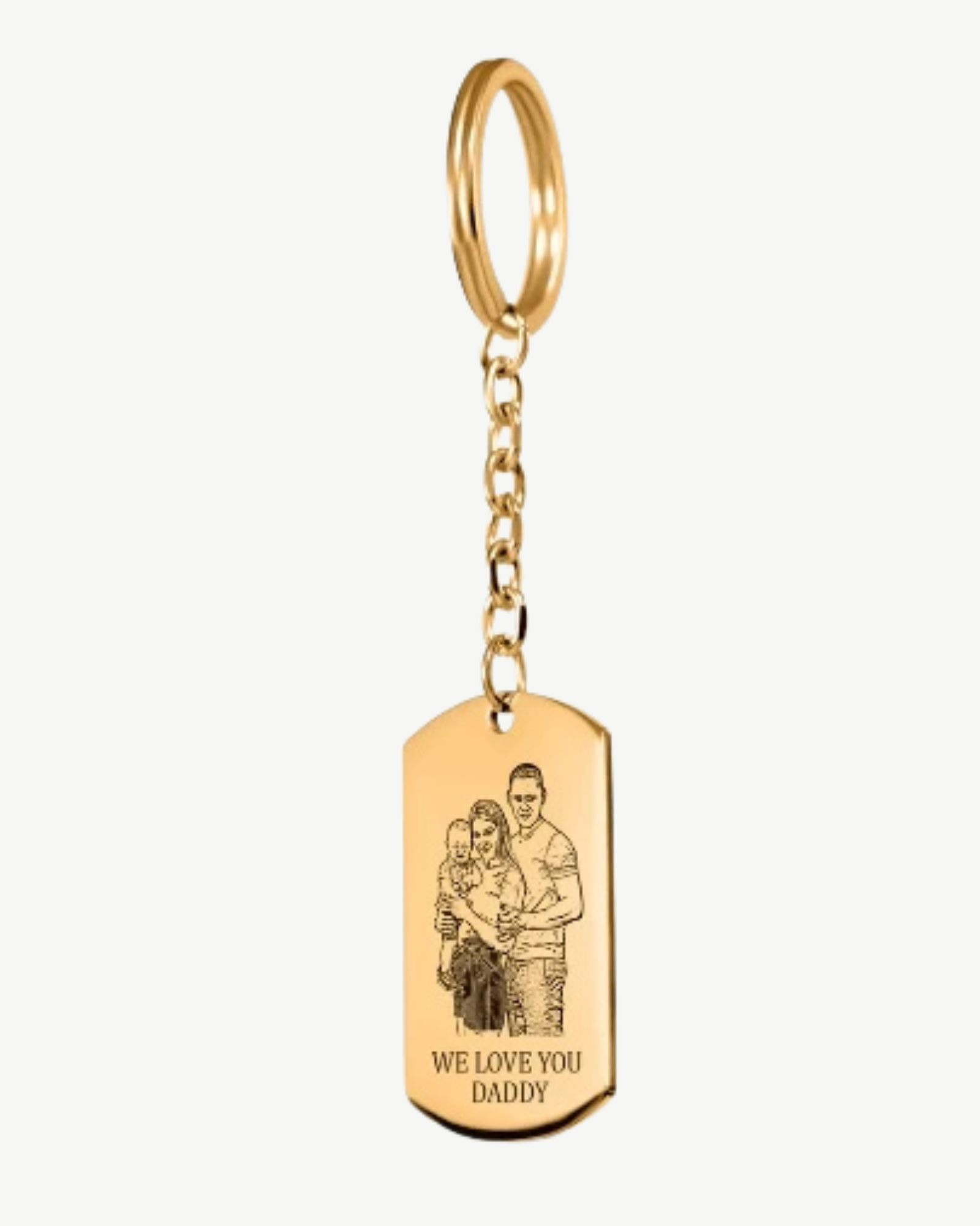 Gold custom family portrait tag keychain with engraved photo