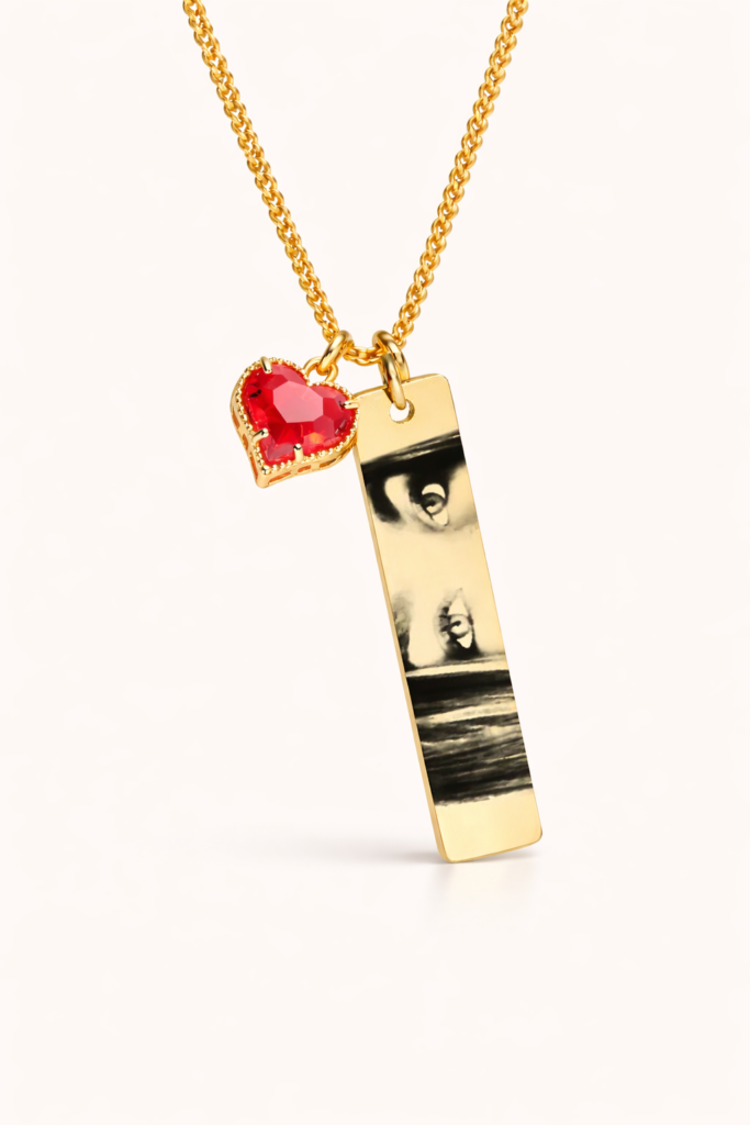 Personalized gold eye photo necklace with engraved eyes with heart birthstone