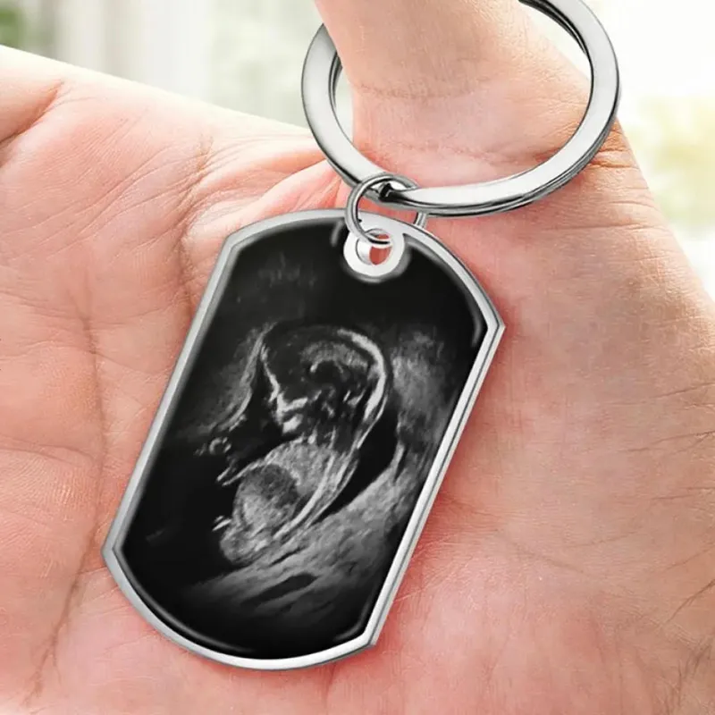 Custom ultrasound keychain with detailed baby scan engraving